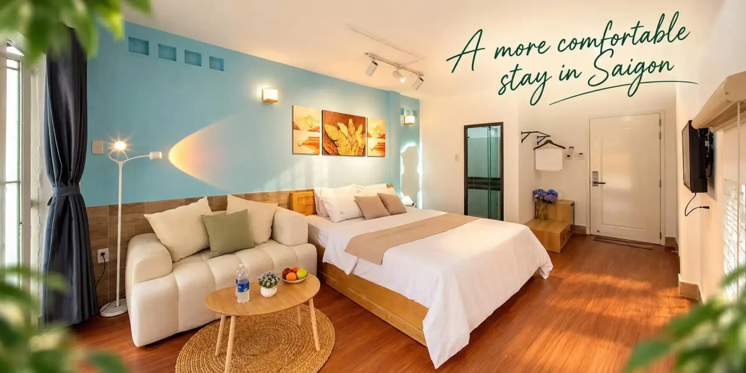 The largest room: queen bed, sofa, washer-dryer and the house's only private balcony.