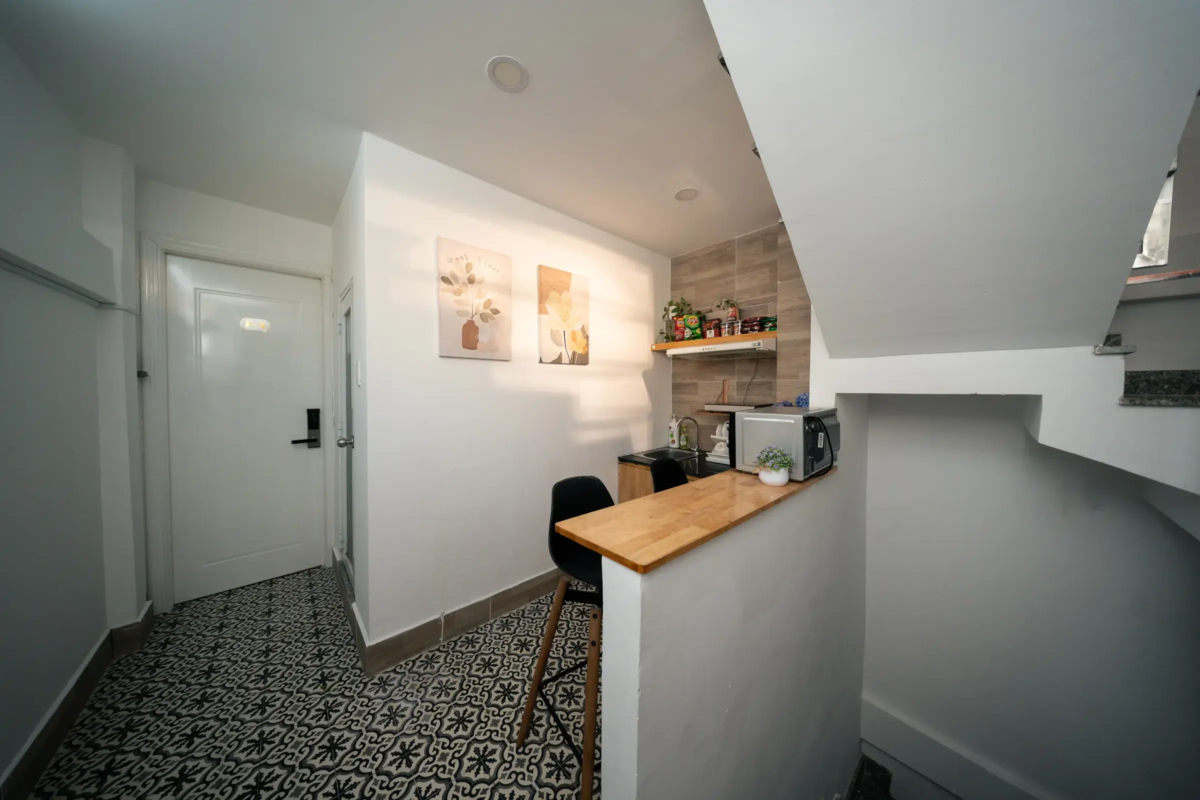 The shared kitchen with its wooden counter